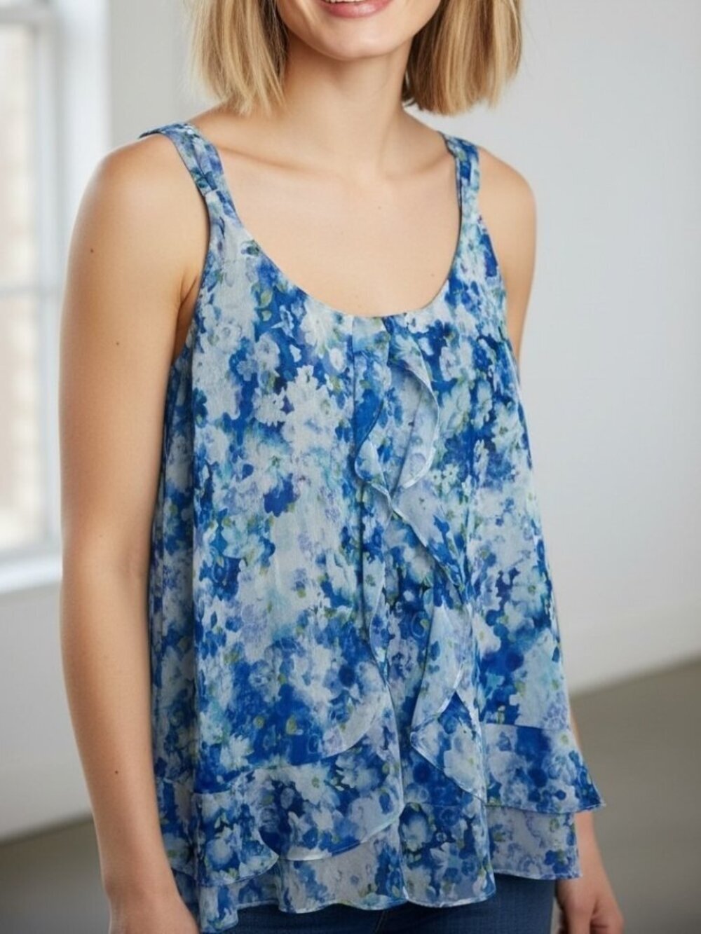 Oscar de la Renta Pink Label Blue Floral Chiffon Ruffle Tank Top Size Large